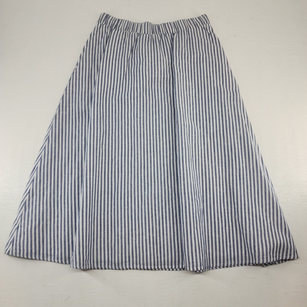 Talbots Small Petite | Blue White Striped Linen Cotton Midi Skirt Coastal Women